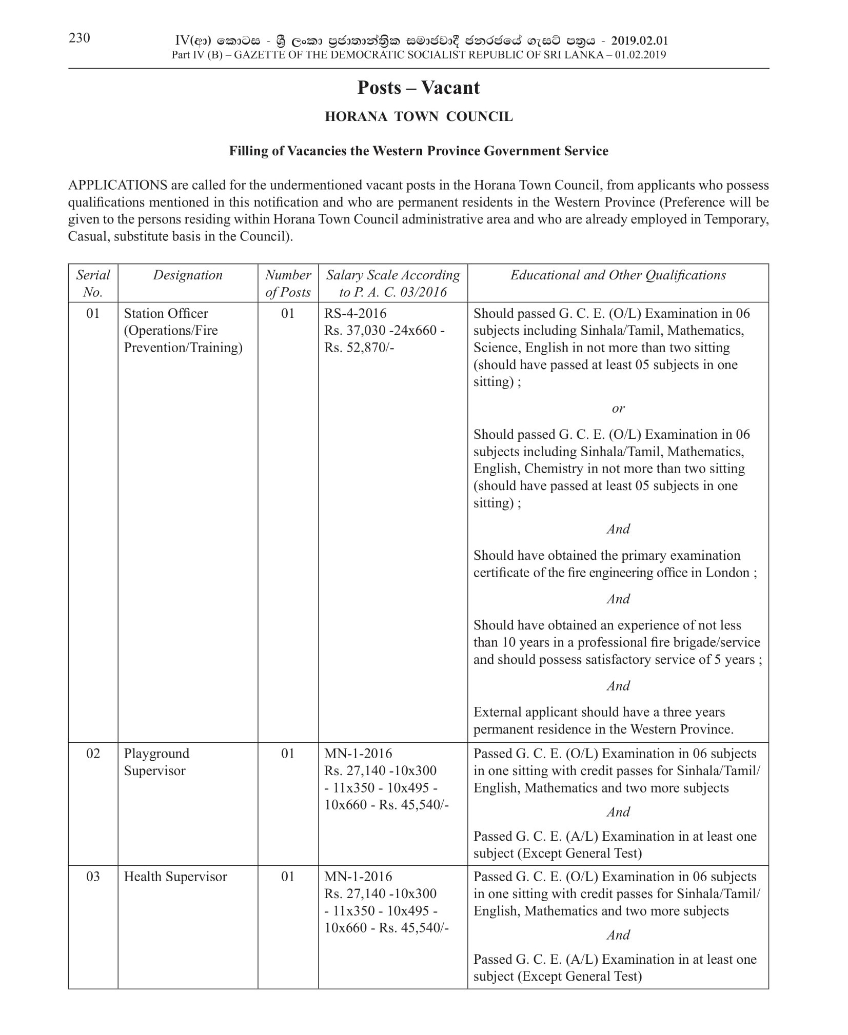 Station Officer, Playground Supervisor, Health Supervisor, Office Assistant, Watchman, Health Labourer - Horana Urban Council